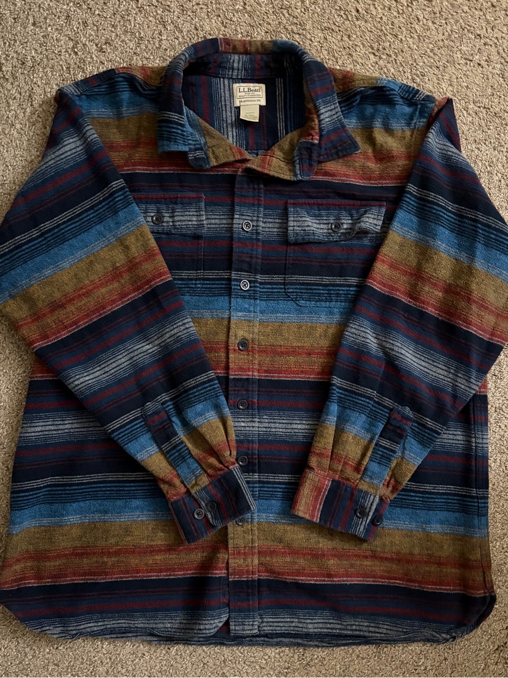 L.L. Bean Men's Striped Button-Down Shirt in Navy, Blue, Brown and Red